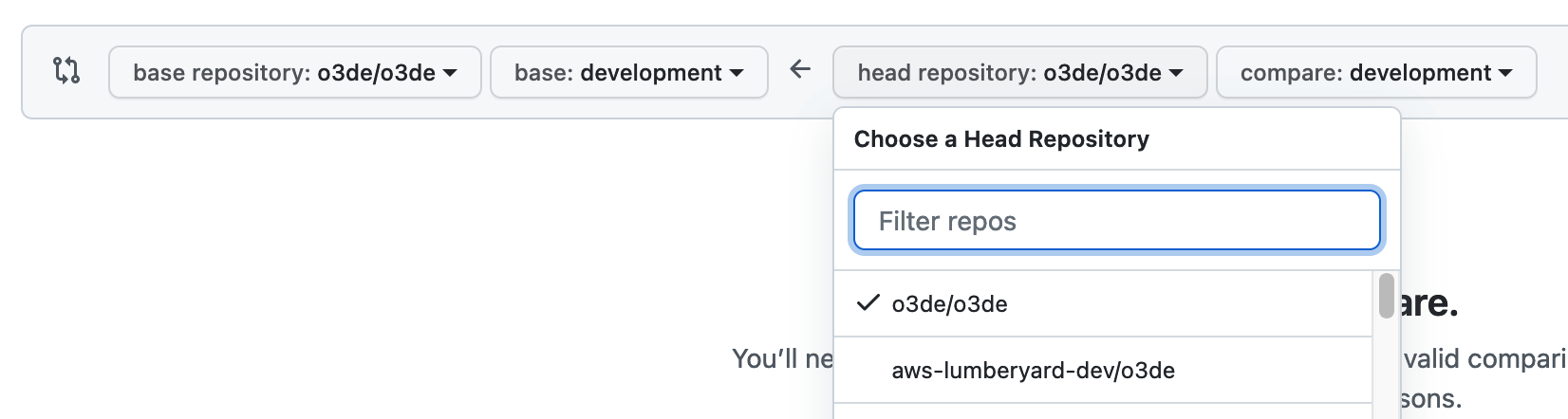 Creating a pull request from your fork to o3de/development.