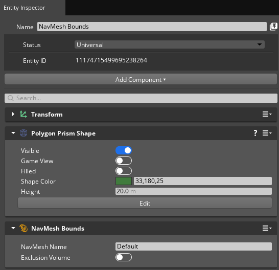 Entity Inspector showing NavMesh Bounds component