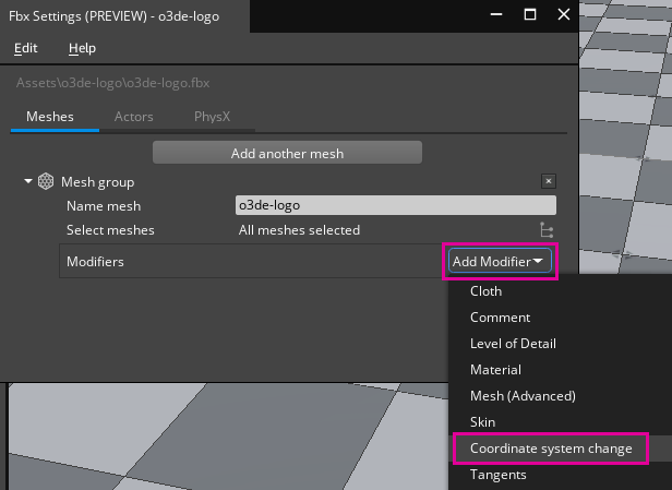  Scene Settings meshes tab, adding mesh a modifier. 