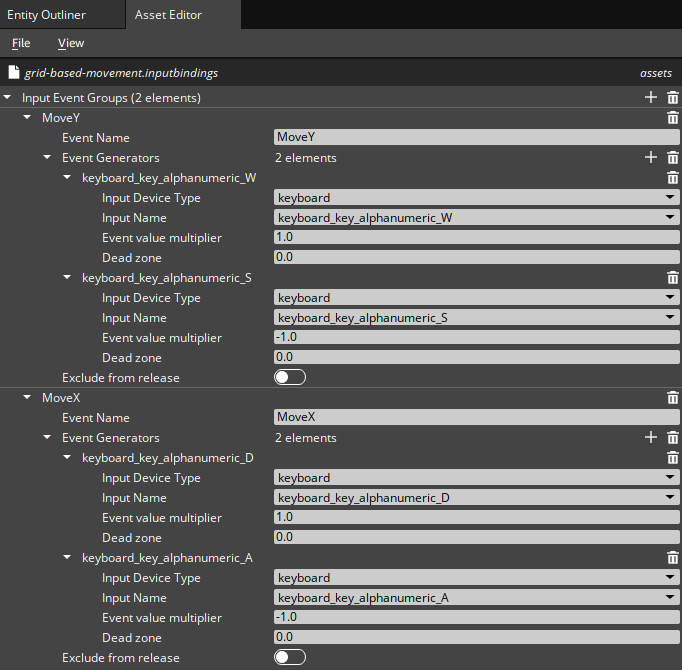 The completed Input Bindings asset in Asset Editor