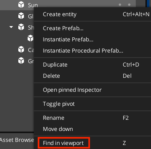 Find prefabs or entities in the viewport from the Entity Outliner.