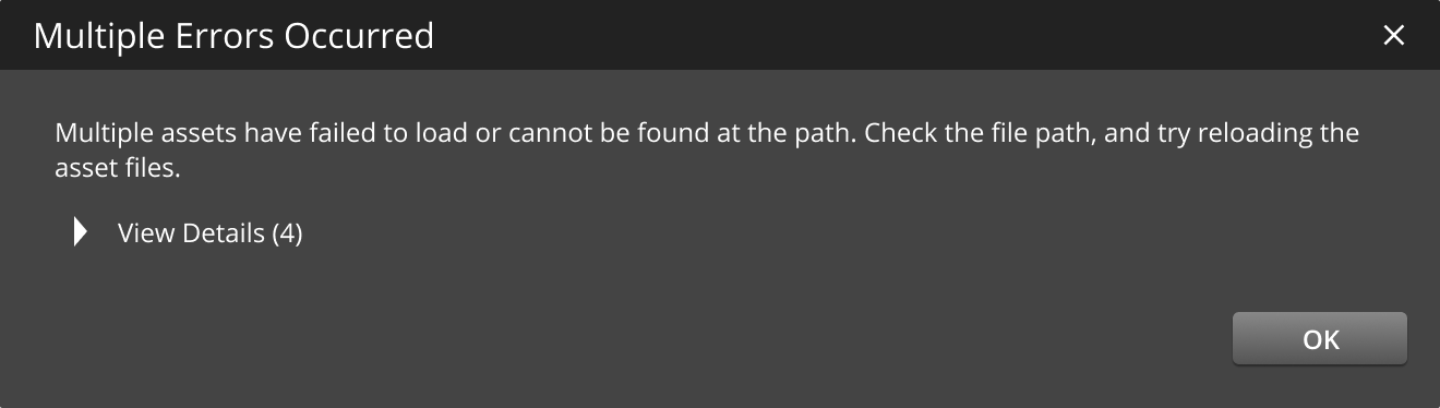 O3DE dialog with a collapsible table of log of errors, closed state