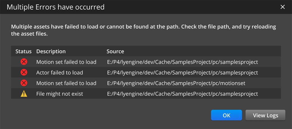 O3DE dialog with a log of errors