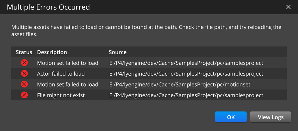 O3DE dialog with a log of errors with links to their log files.