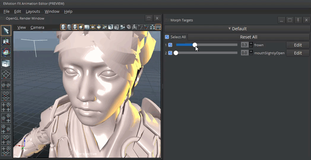 Preview morph target shapes on your actor in the Morph Targets window.