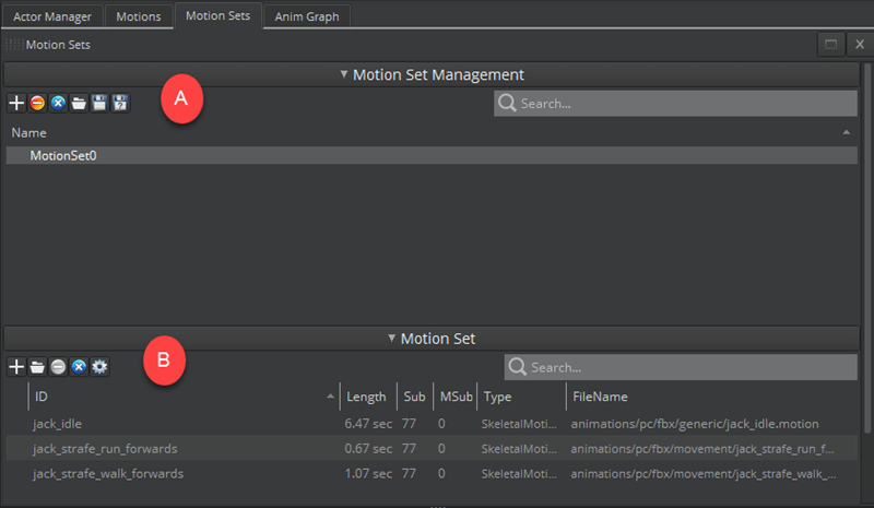 Create and manage motion sets in the Animation Editor.