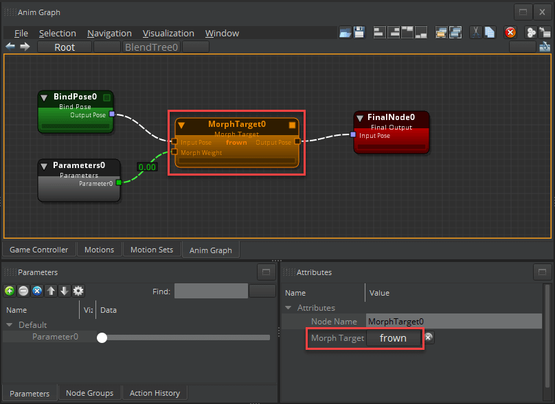 Morph target updated in the Morph Target node and Attributes pane.