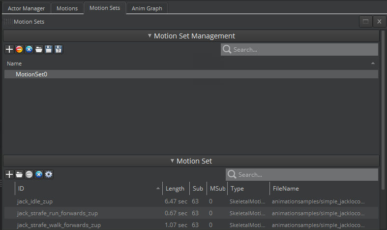 Create a motion set and add motion files in the Animation Editor.