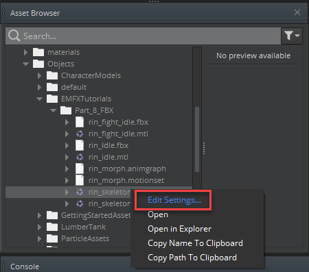 Choose the Edit Settings option for your .fbx file in the Asset Browser.