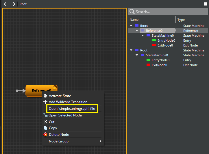 Right-clicking a reference node to edit the anim graph that is assigned to it.