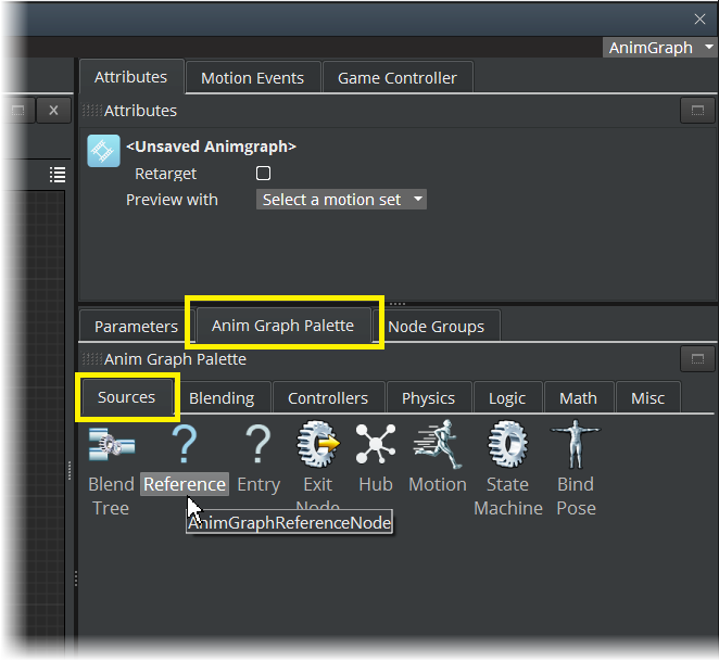 Drag a reference node from the Anim Graph Palette to the Anim Graph grid.