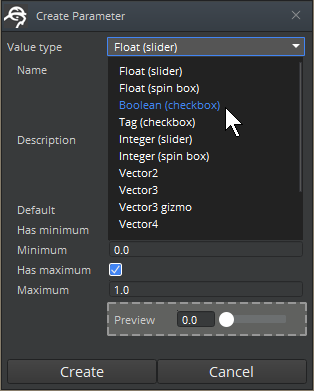 Choosing a value type for the parameter.