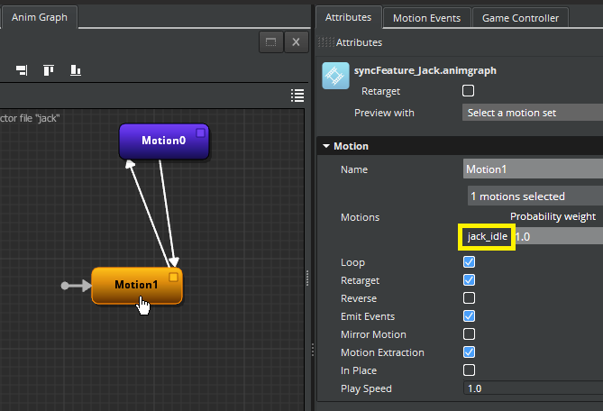 Motion node with associated idle motion.