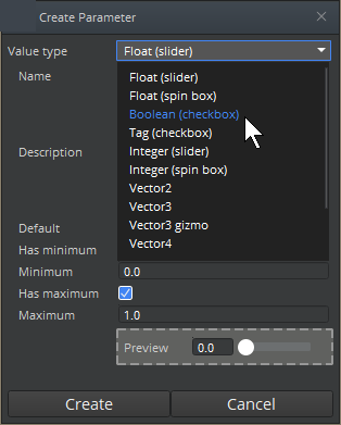 Choose a value type for the parameter.