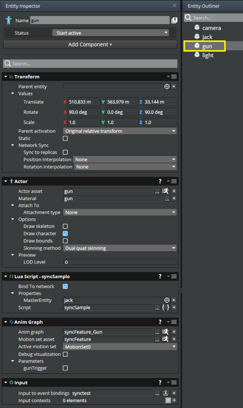 The components for the gun entity in Entity Inspector.