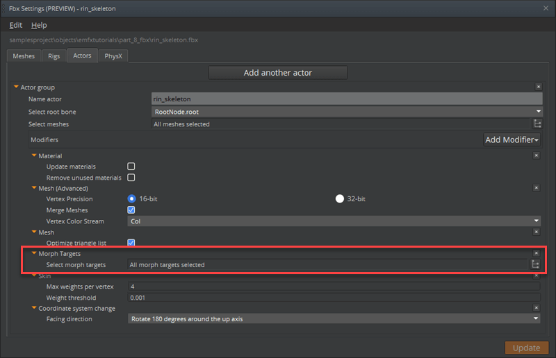 Click the Select morph targets button on the Actors tab in the FBX Settings window.