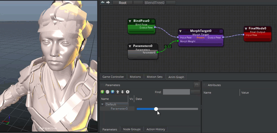 Move the parameter slider to play the morph target animation.