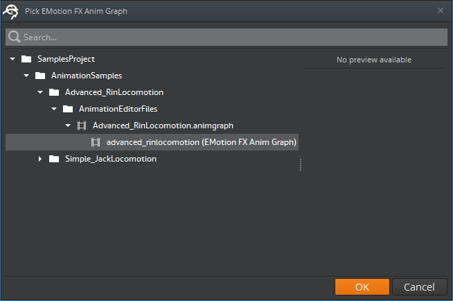 Select an animation graph from the Pick EMotion FX Anim Graph window in the Animation Editor