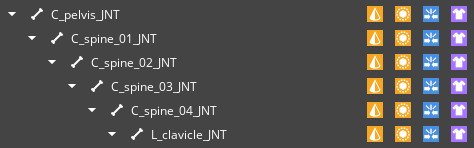 Icons in the Skeleton Outliner show how joints are related to the ragdoll, ragdoll colliders, and hit detection colliders