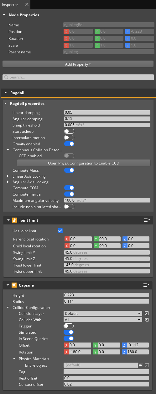 View and modify ragdoll properties for a selected joint on the Inspector tab in the Animation Editor