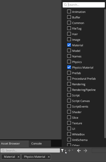 Asset Browser Asset Type Filter.