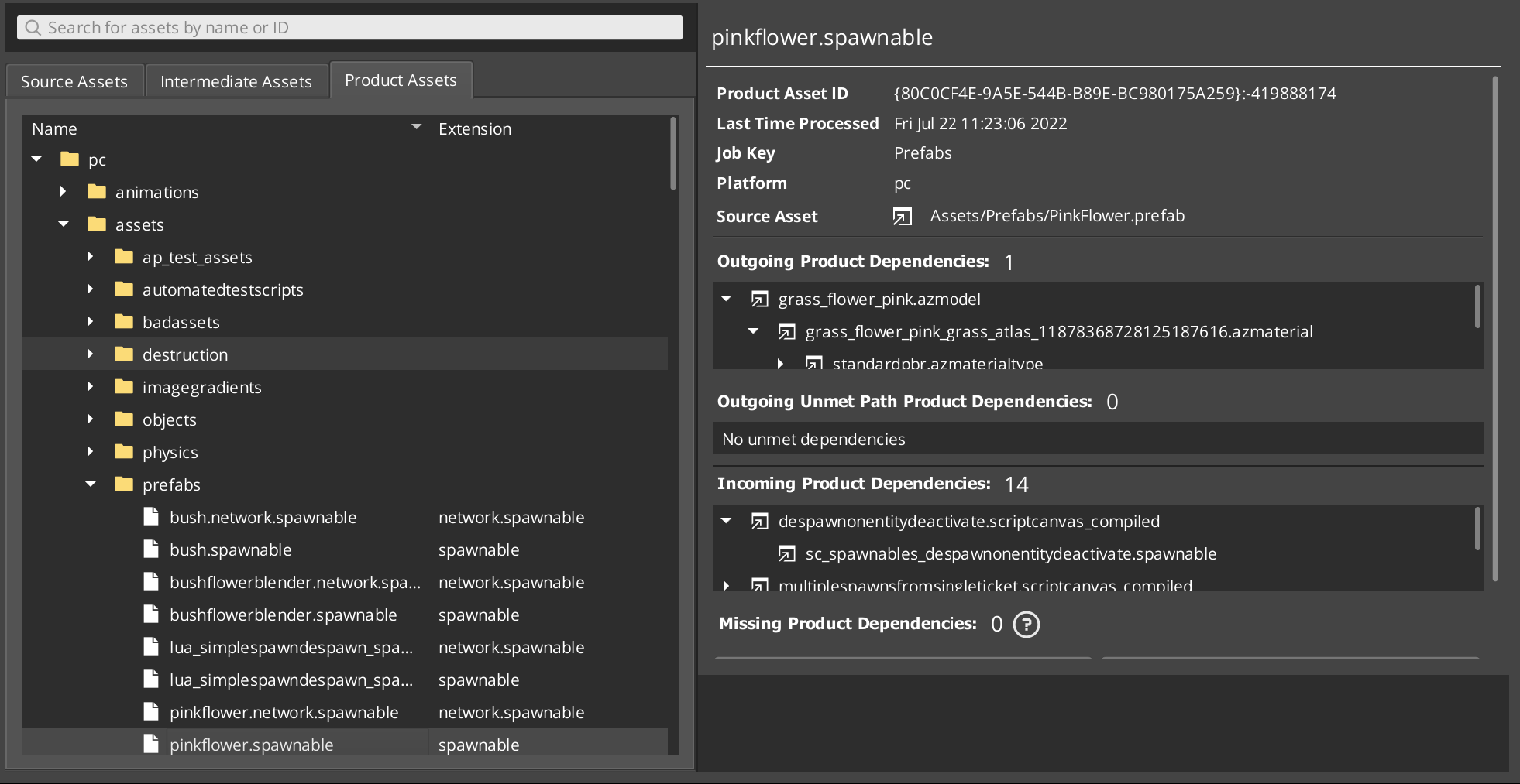 Asset Processor UI assets tab - product assets