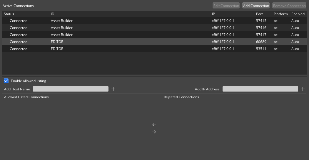 Asset Processor UI connections tab