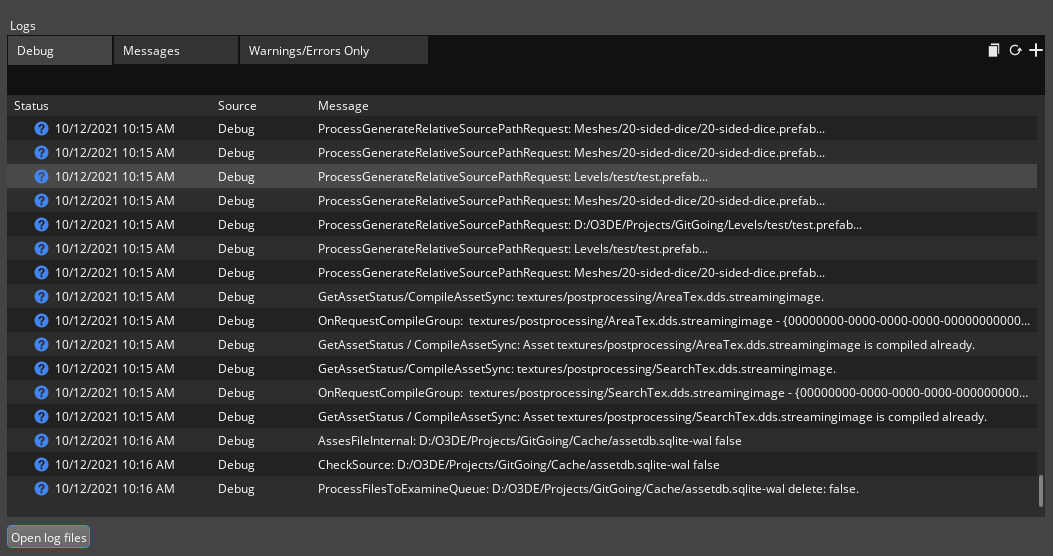 Asset Processor UI logs tab