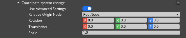 The Scene Settings Actors tab Coordinate system change modifier advanced settings.