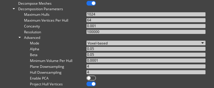 The Scene Settings PhysX decompose meshes properties.