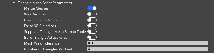 The Scene Settings PhysX triangle mesh asset properties.