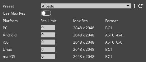 Texture Settings preset and resolution options.