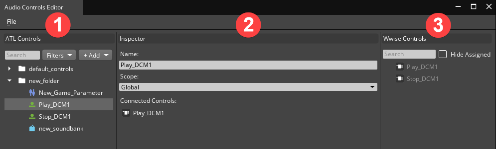 Audio Controls Editor (ACE) panes: ATL Controls pane, Inspector pane, and Audio Engine Middleware Controls pane