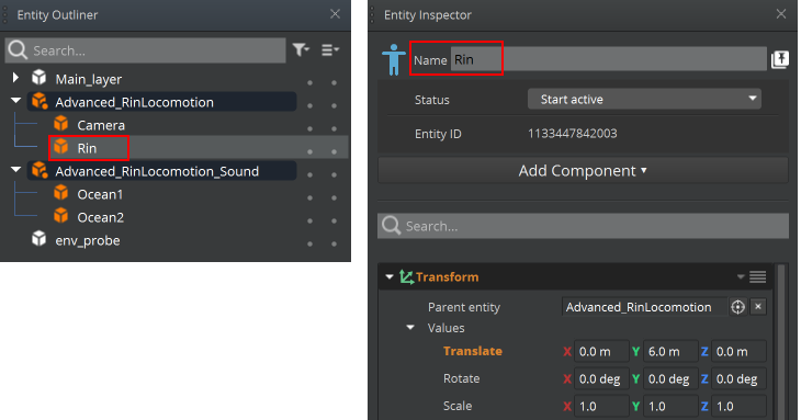 Find entities and its attached components in the Entity Inspector.