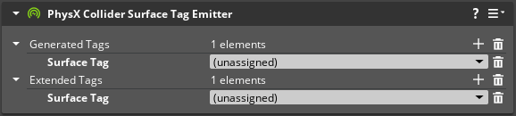 PhysX Collider Surface Tag Emitter component properties