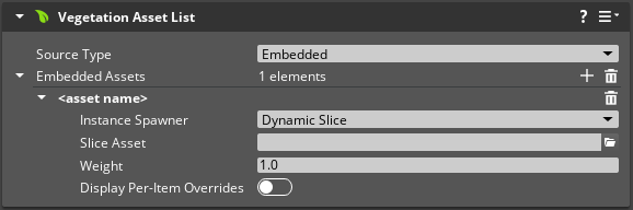 Vegetation Asset List component properties