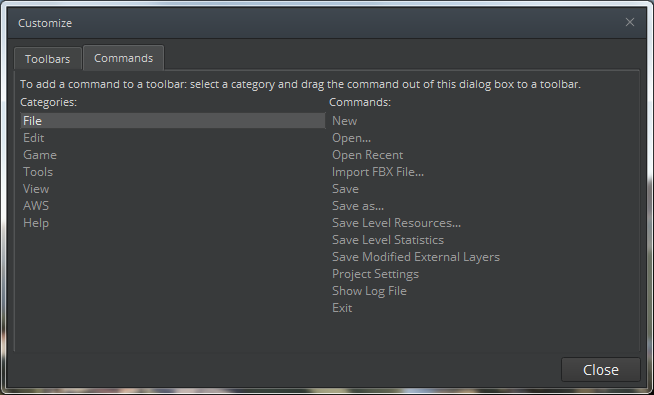 Commands tab in the Customize window