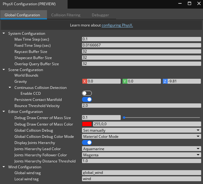 PhysX Global Configuration tab