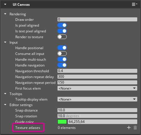 The Texture atlases property in the UI Editor.