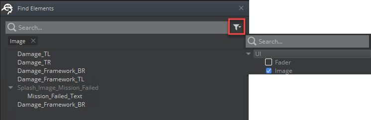 To find UI elements by components, click the filter button and select a component.