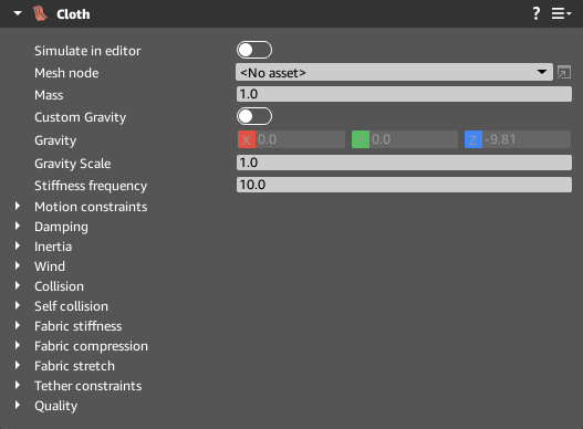 Base properties of the Cloth component