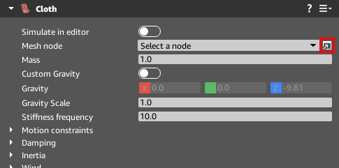 Open 3D Engine cloth component mesh node select.