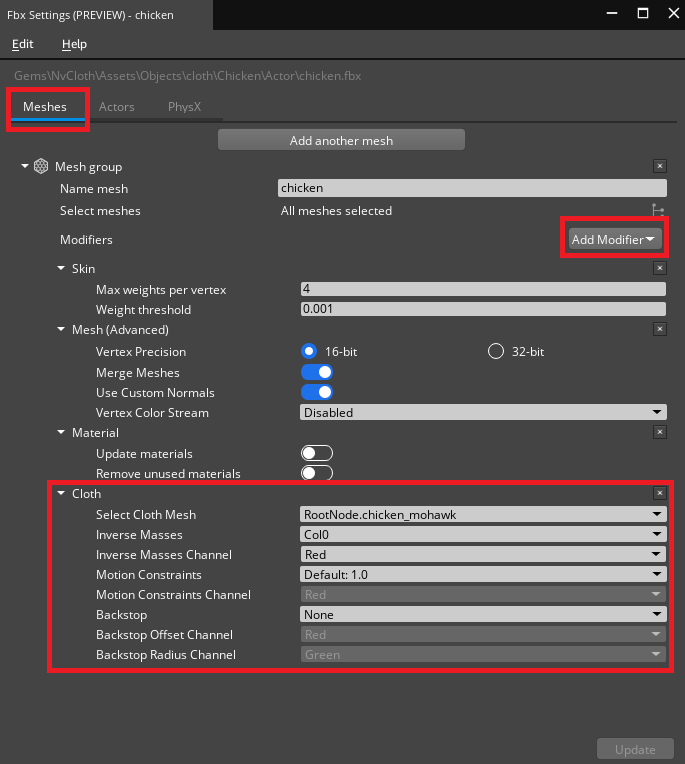 Open 3D Engine cloth modifier setup.