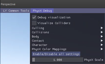 PhysX Debug menu in gameplay mode.