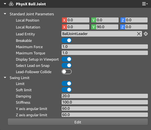 Properties of the PhysX Ball Joint component