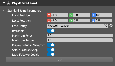 Properties of the PhysX Fixed Joint component