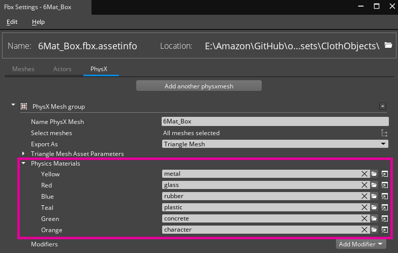 PhysX Asset, per face physics materials.