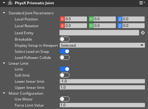 Properties of the PhysX Prismatic Joint component