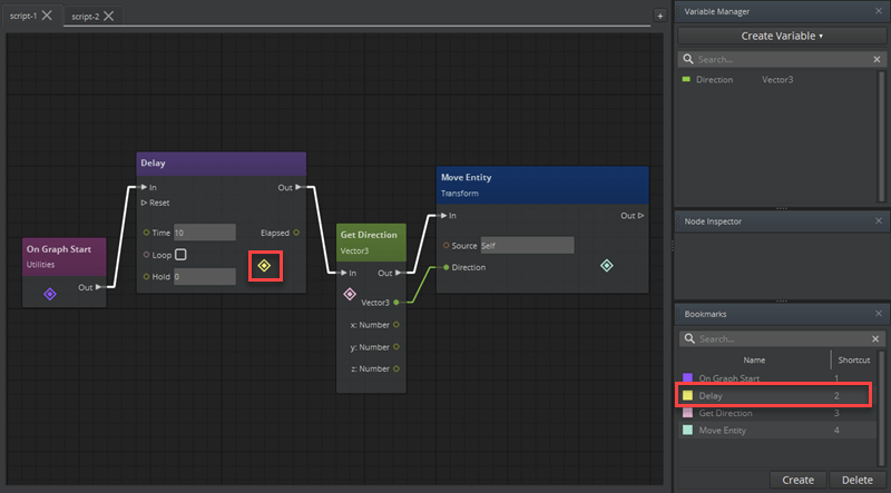 Simple Script Canvas script with bookmarks added to various nodes.