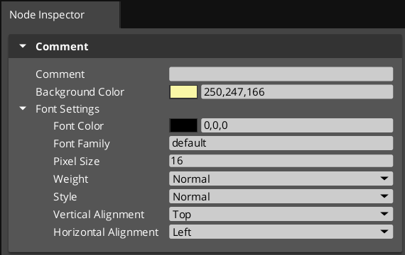 Use the Node Inspector to change font settings for comment nodes.